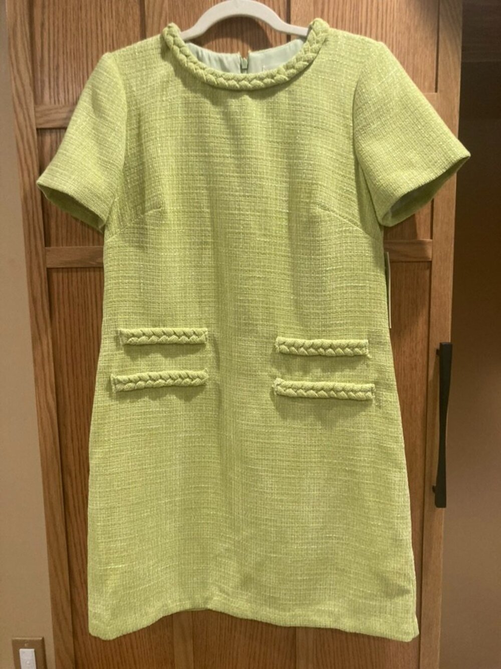 Eliza J Lime Green Braided Trim Boucle Shift Dress Size 6 NWT